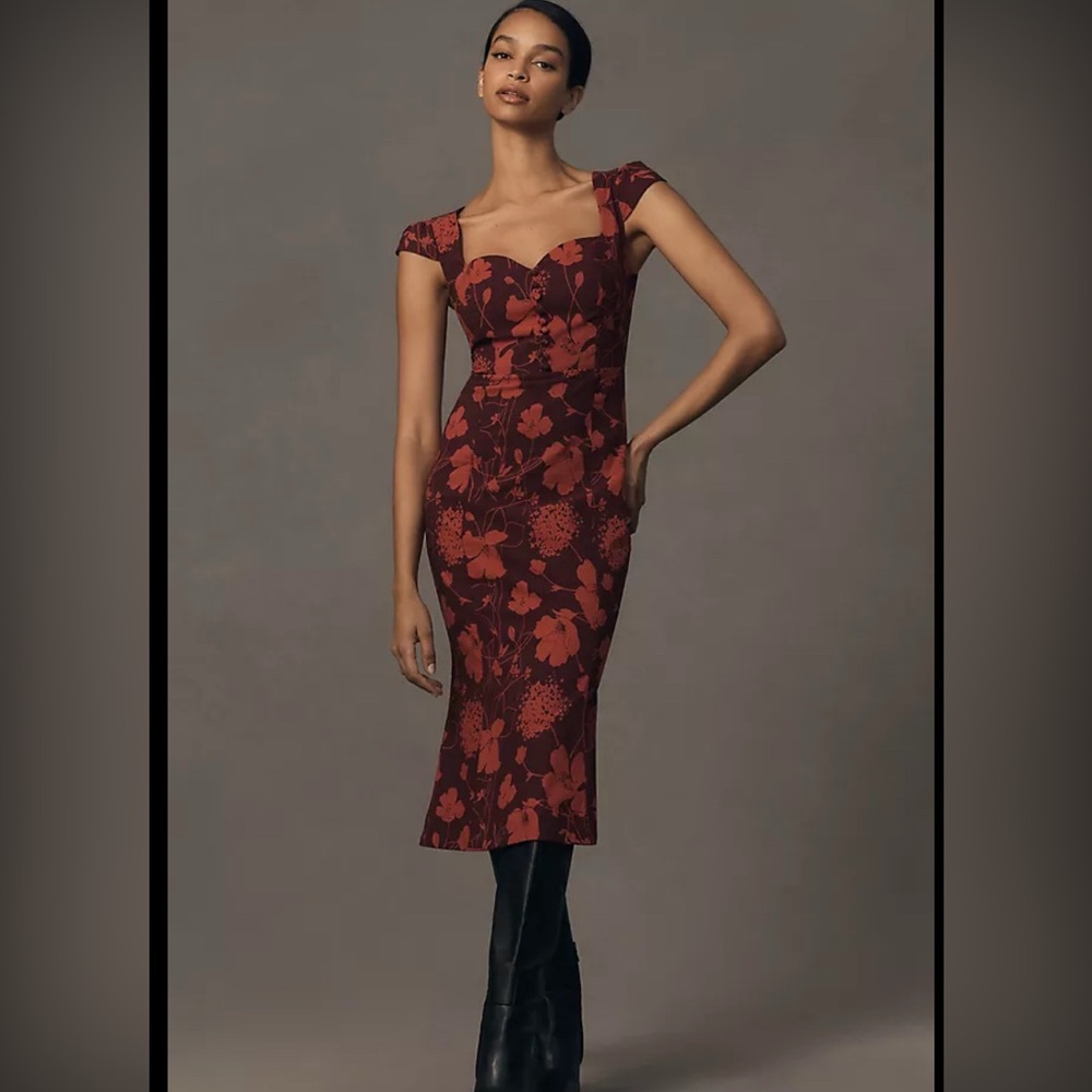 Anthropologie Burgundy Floral Midi Dress